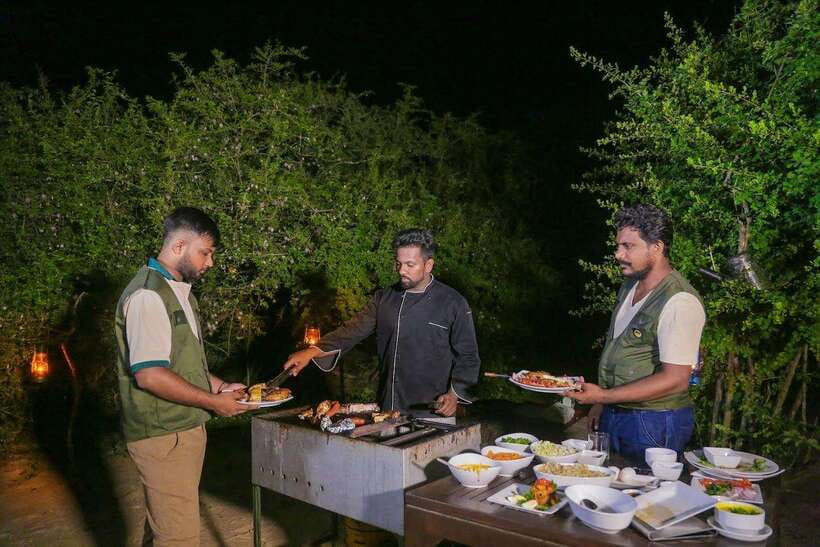 Yala: All Inclusive Overnight Glamping and Safari - BBQ dinner, fish, and a campfire after sunset